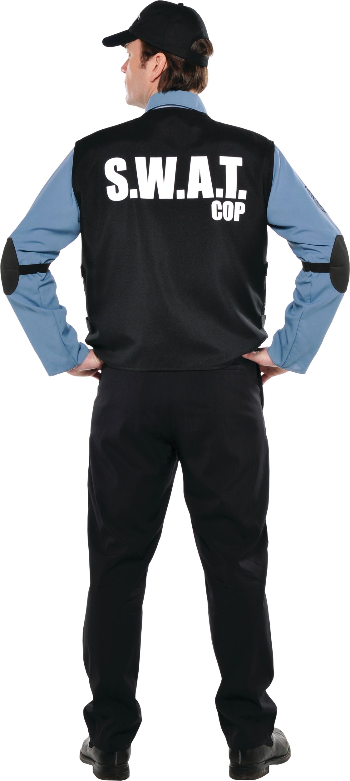 Men's S.W.A.T Officer Black Outfit with Vest & Hat Halloween Costume, Assorted Sizes Back_Flat