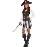 Women's Pirate Black/White Striped Dress with Hat & Boot Covers Halloween Costume, Assorted Sizes Front_Angled_Left