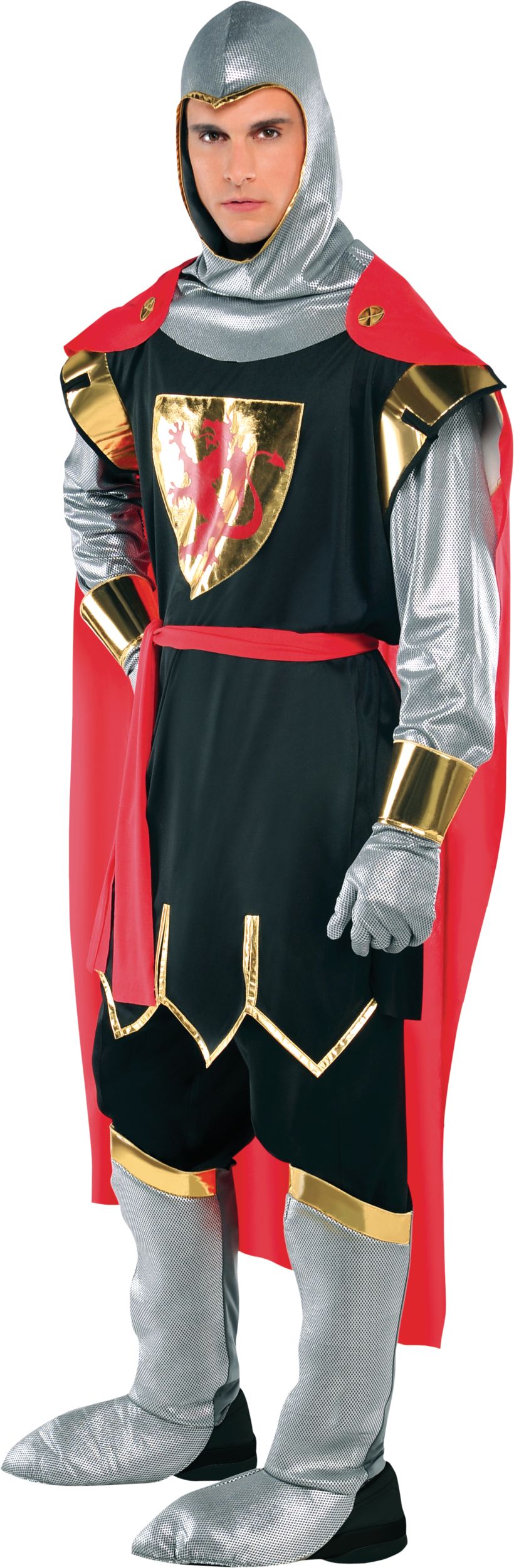 Men's Brave Medieval Crusader Knight Silver/Black/Red Outfit with Hood/Gloves/Cape/Boot Covers Halloween Costume, Assorted Sizes Front_Angled_Left