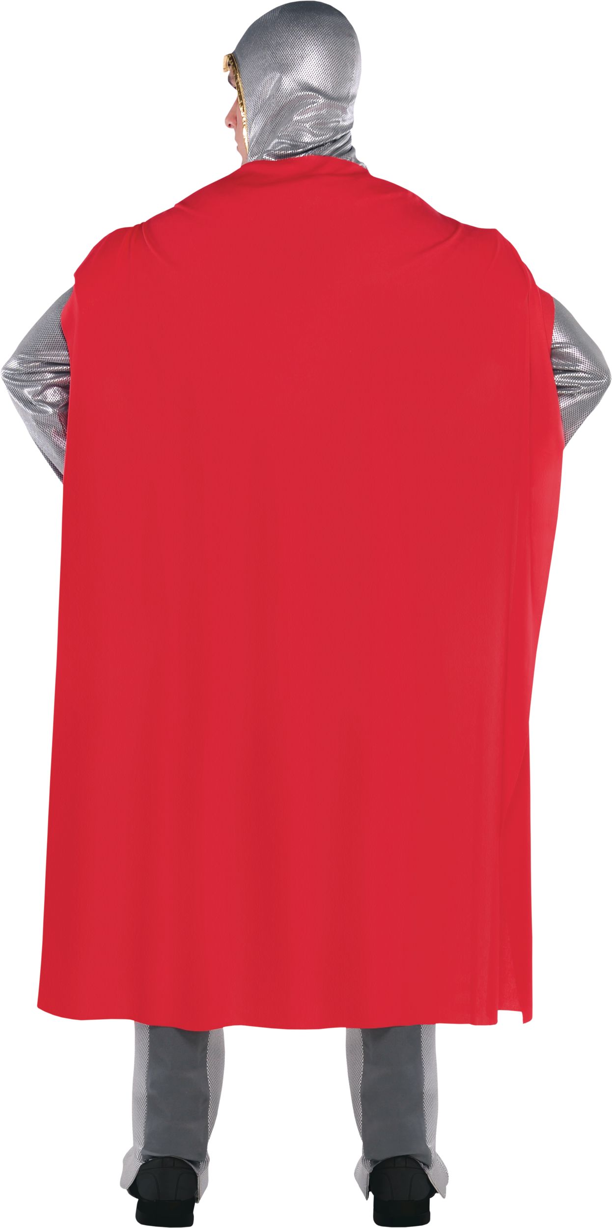 Men's Brave Medieval Crusader Knight Silver/Black/Red Outfit with Hood/Gloves/Cape/Boot Covers Halloween Costume, Assorted Sizes Back_Flat