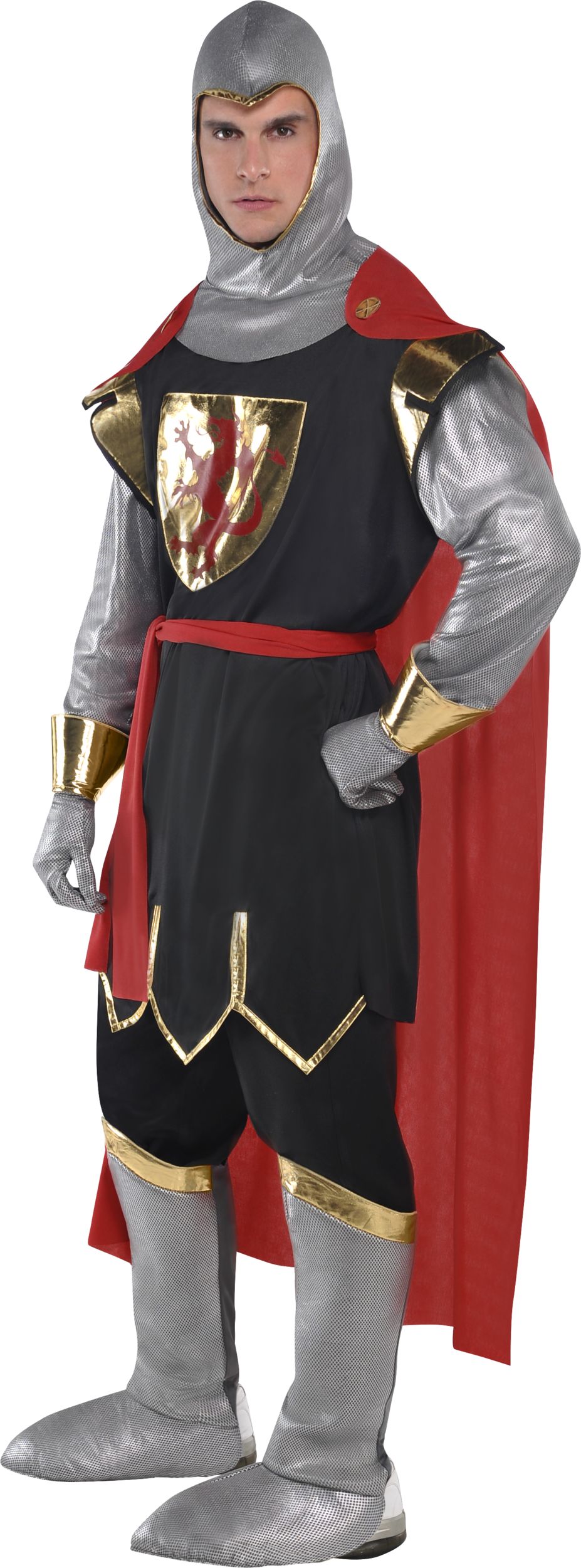 Men's Brave Medieval Crusader Knight Silver/Black/Red Outfit with Hood/Gloves/Cape/Boot Covers Halloween Costume, Assorted Sizes Front_Angled_Left