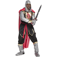 Men's Brave Medieval Crusader Knight Silver/Black/Red Outfit with Hood/Gloves/Cape/Boot Covers Halloween Costume, Assorted Sizes Front_Angled_Right