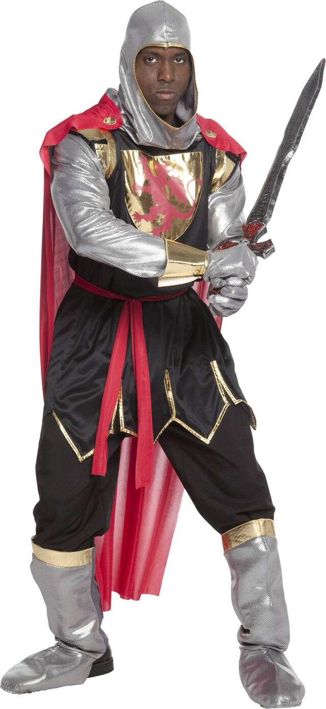 Men's Brave Medieval Crusader Knight Silver/Black/Red Outfit with Hood/Gloves/Cape/Boot Covers Halloween Costume, Assorted Sizes Front_Angled_Right