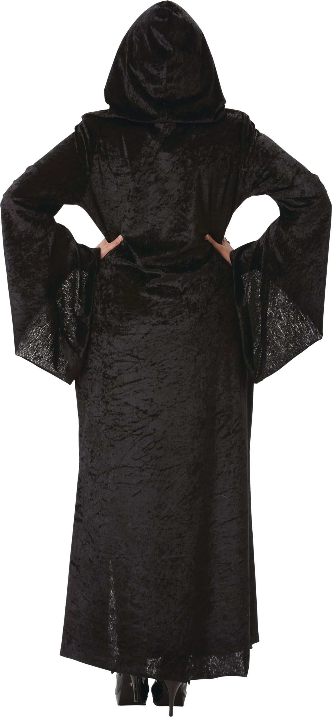 Costume d'enchanteresse, femmes, robe noire avec capuchon, grande taille Back_Flat