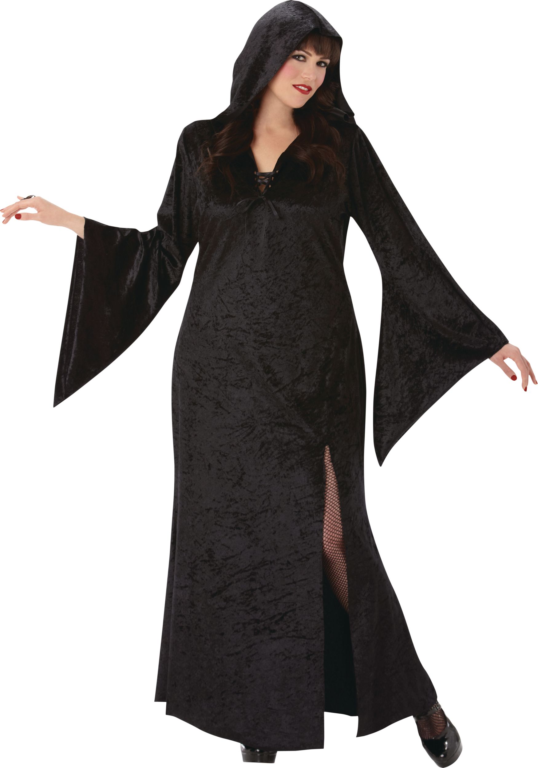 Costume d'enchanteresse, femmes, robe noire avec capuchon, grande taille Front_Flat