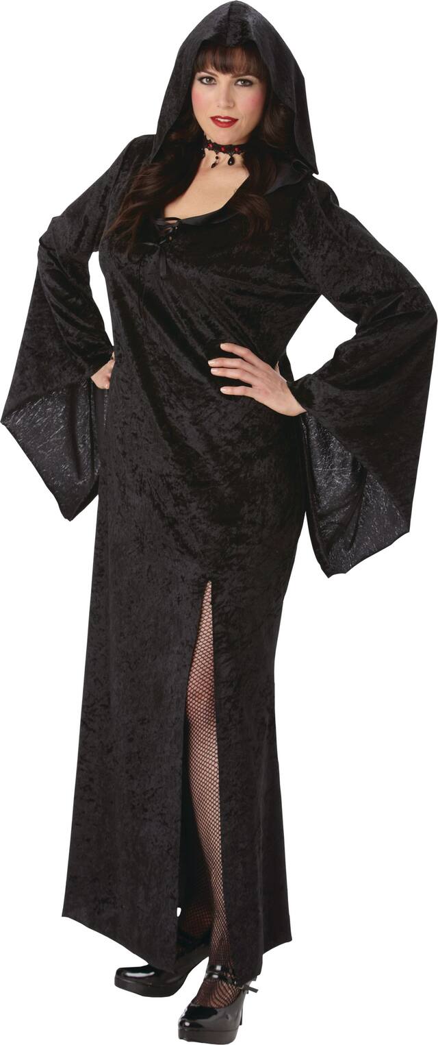 Women's Enchantress Black Dress with Hood Halloween Costume, Plus Size Front_Angled_Left