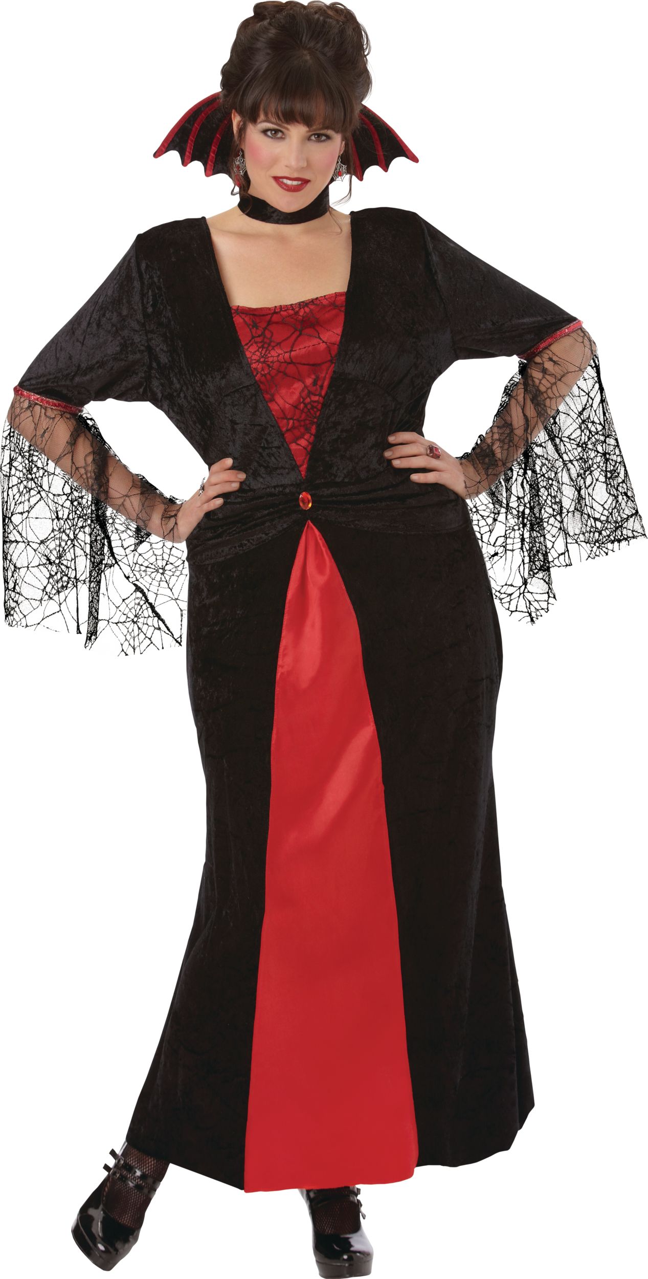 Women's Countess Vampiretta Vampire Black/Red Dress with Necklace  Halloween Costume, Plus Size Front_Flat