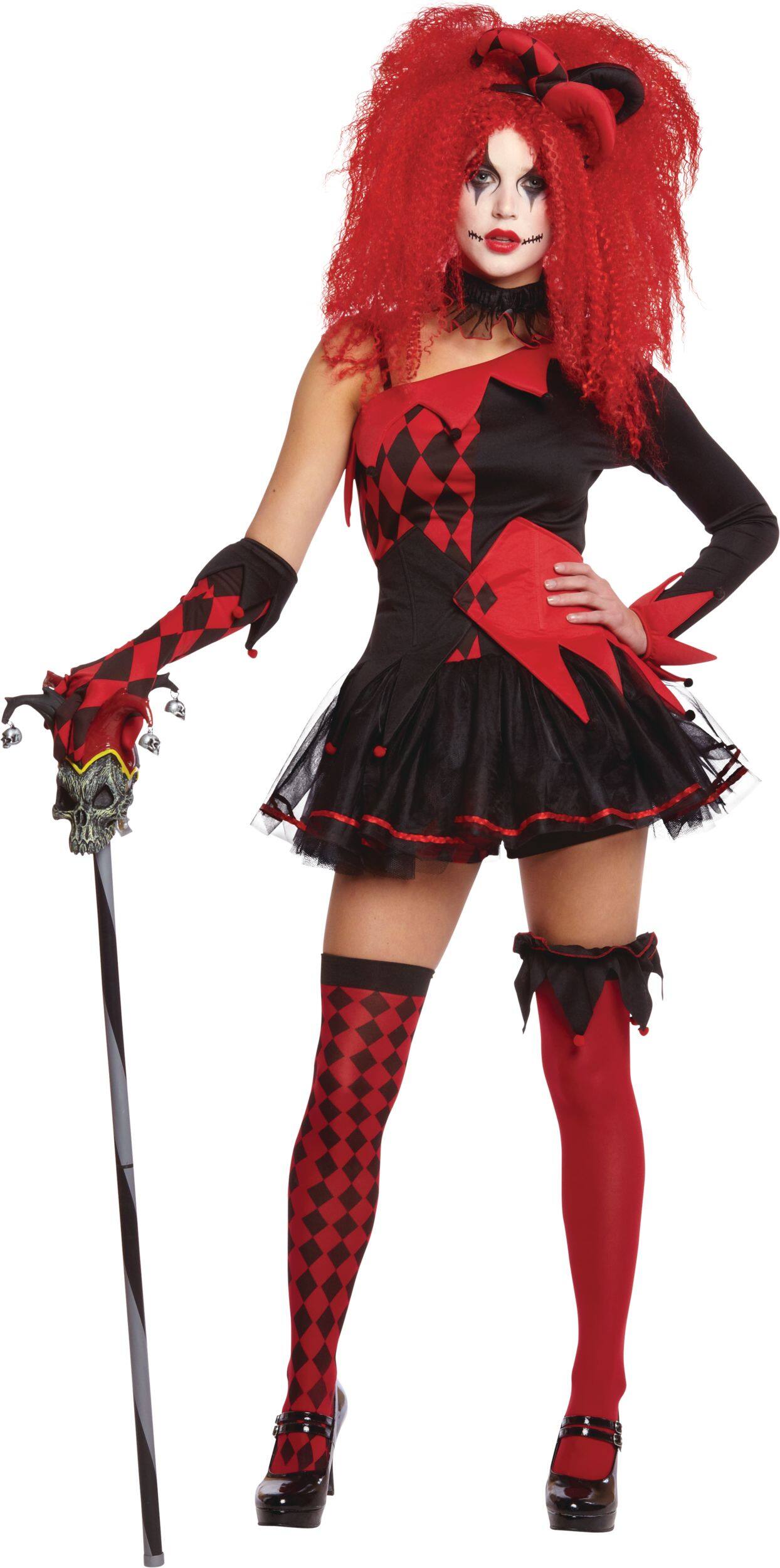 Women's Punky Jester Black/Red Dress with Headband & Stockings ...