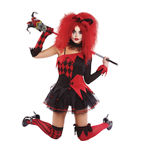 Costume de bouffonne punk, femmes, robe noir/rouge avec bandeau et collants, tailles variées Front_Flat