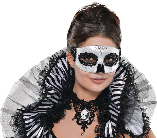 Glitter Silver Skull Masquerade Mask Front_Flat