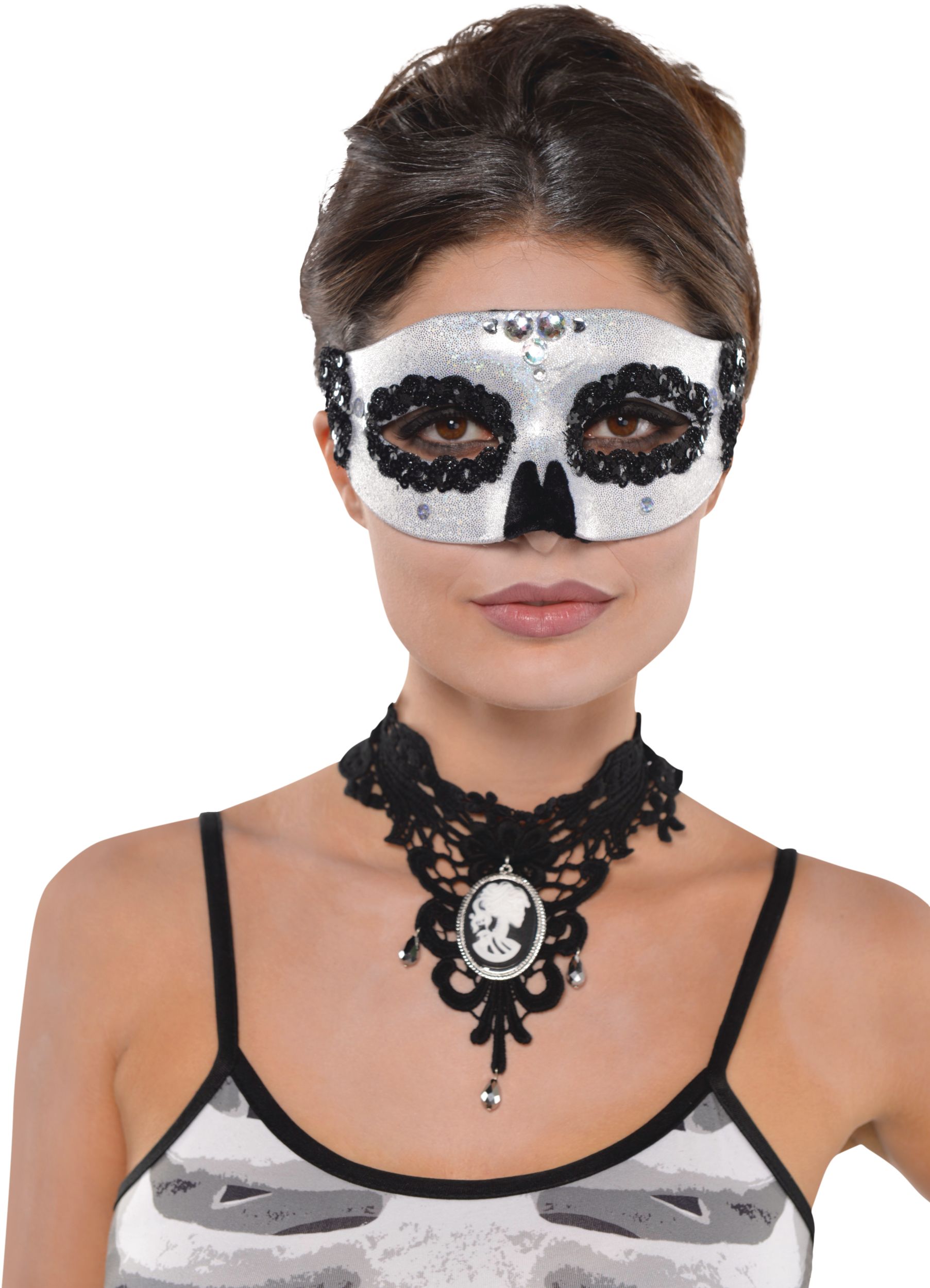 Glitter Silver Skull Masquerade Mask Front_Flat
