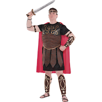Men's Roman Centurion Brown/Red Tunic with Cape & Wrist Guards Halloween Costume Front_Angled_Left