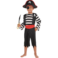 Kids' Pirate Black/White Striped Jumpsuit with Hat Halloween Costume, Assorted Sizes Front_Flat