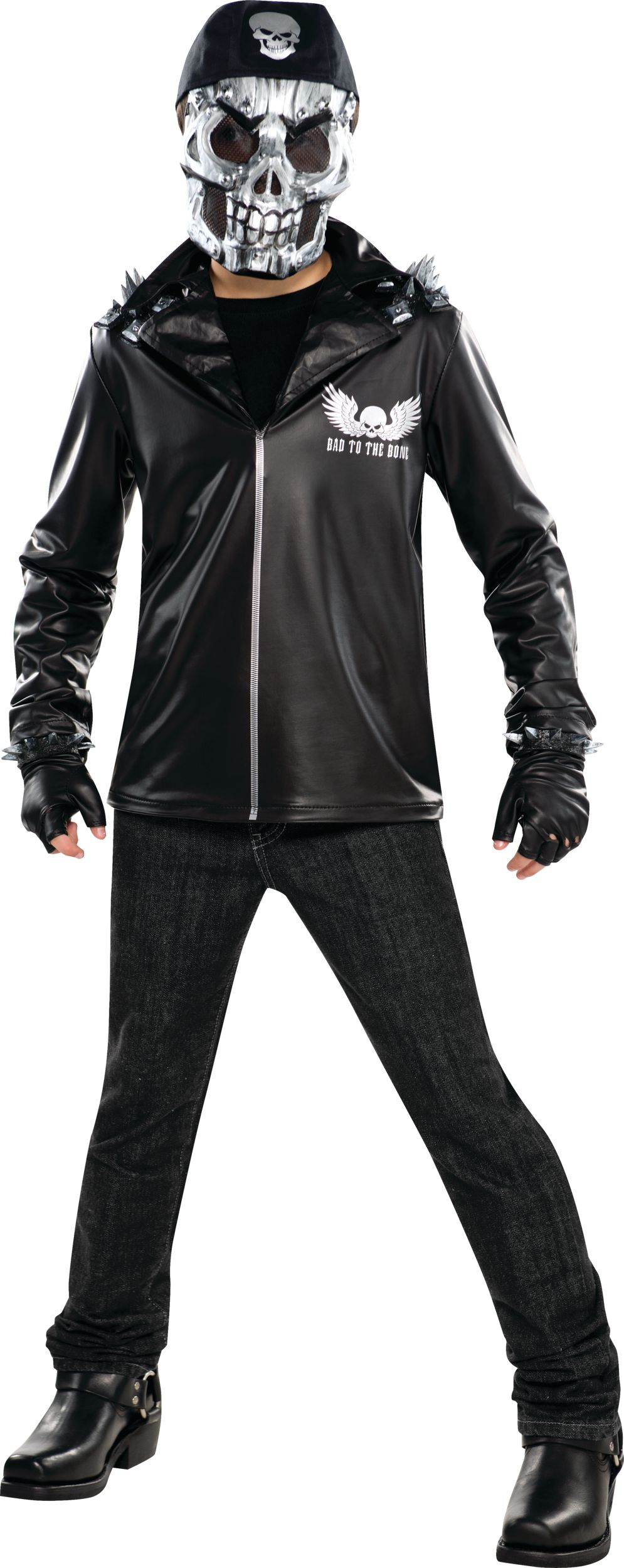 Costume de motard, enfants, veste Bad to the Bone noire avec masque et gants, tailles variées Front_Three_Fourths_Angled_Left