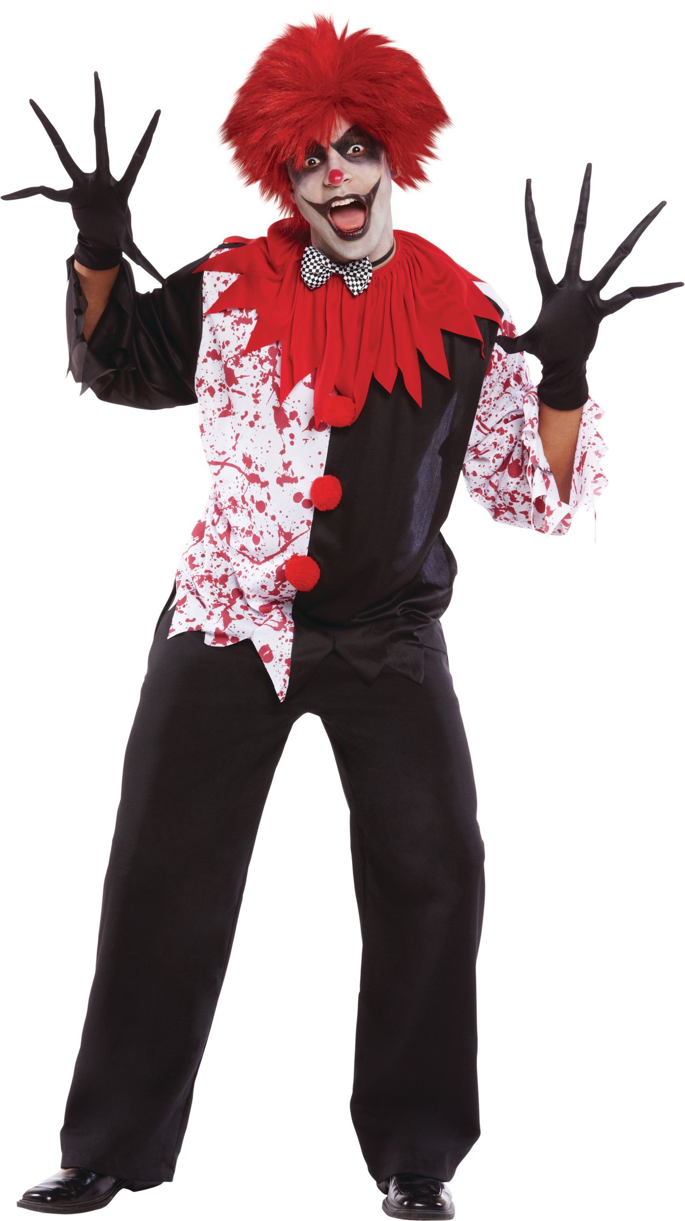 Chandail de clown diabolique à manches longues pour adulte, éclaboussures de sang, noir/blanc/rouge, taille universelle, accessoire de costume portable pour l'Halloween Front_Flat