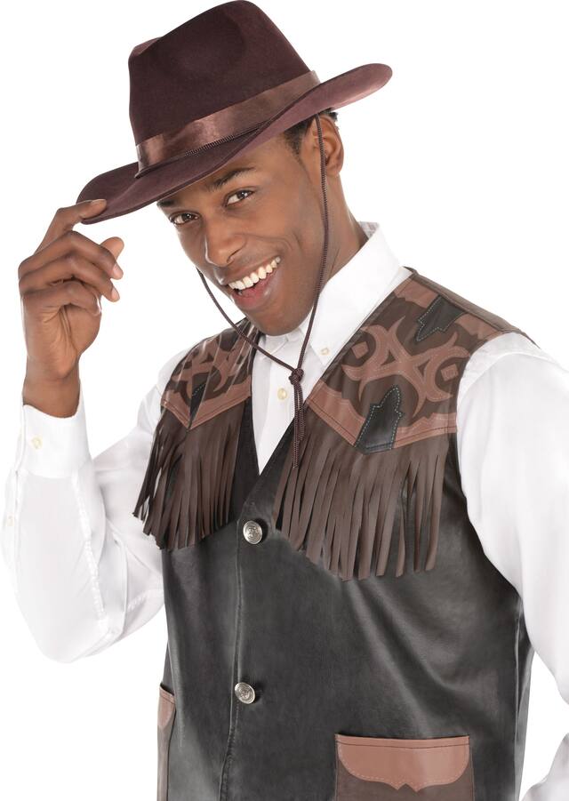 Western Flocked Cowboy Hat, Brown, One Size, Wearable Costume Accessory for Halloween Front_Angled_Left