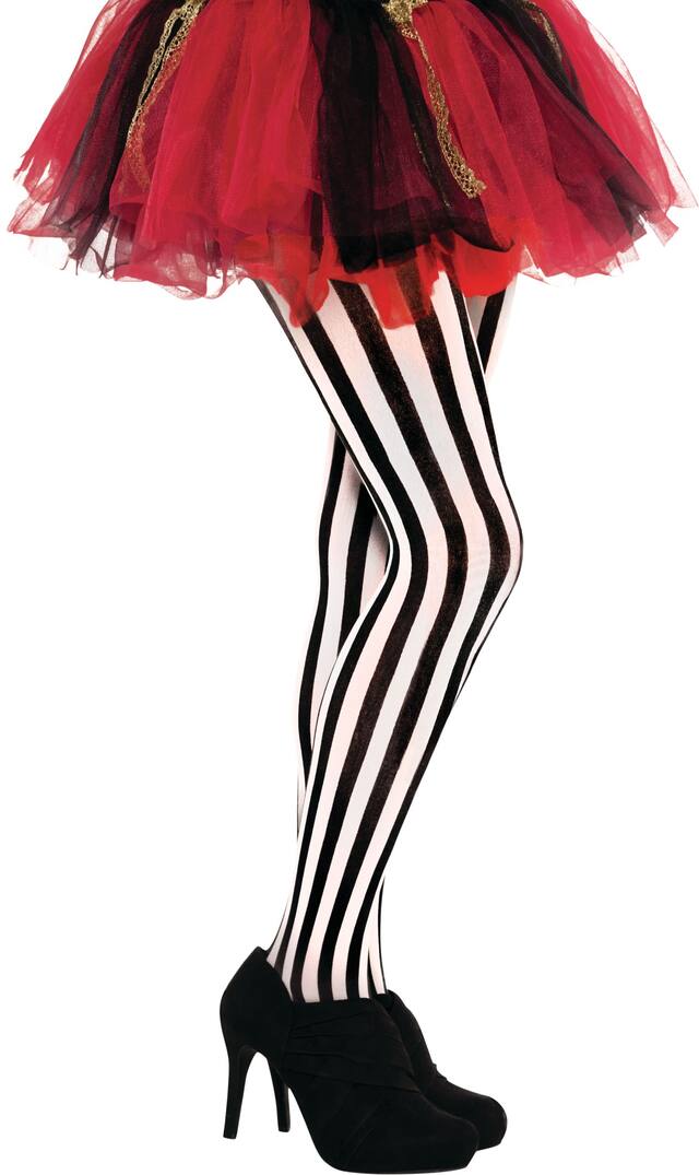 Adult Vertical Black and White Striped Tights Front_Angled_Right