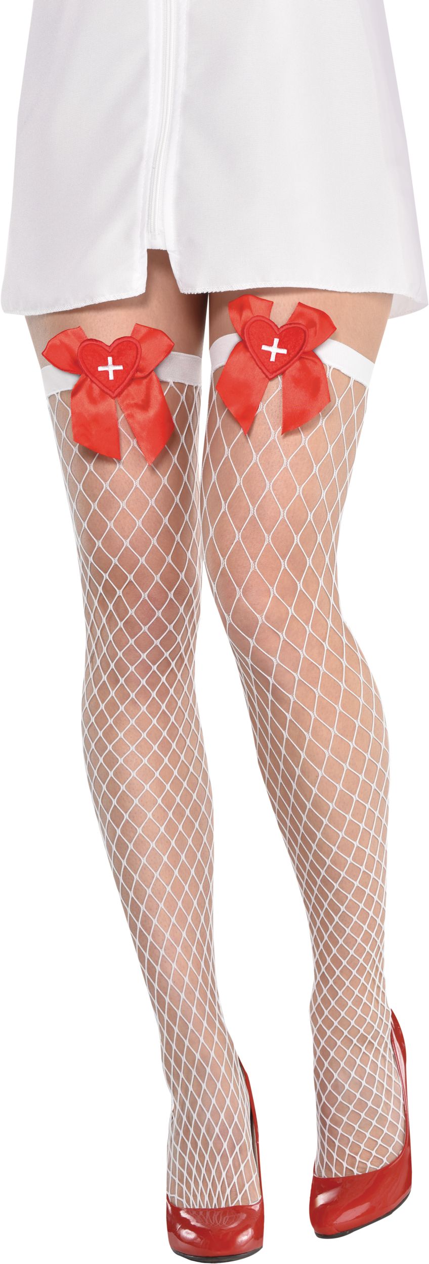 Adult Fishnet Thigh High Stockings with Nurse Bow Front_Flat