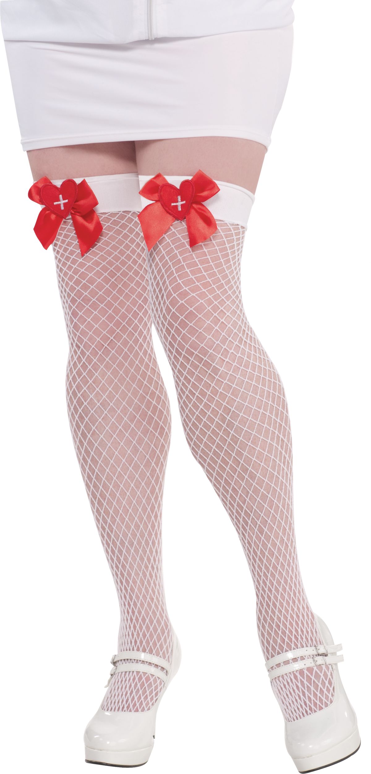 Adult Fishnet Thigh High Stockings with Nurse Bow Front_Angled_Left