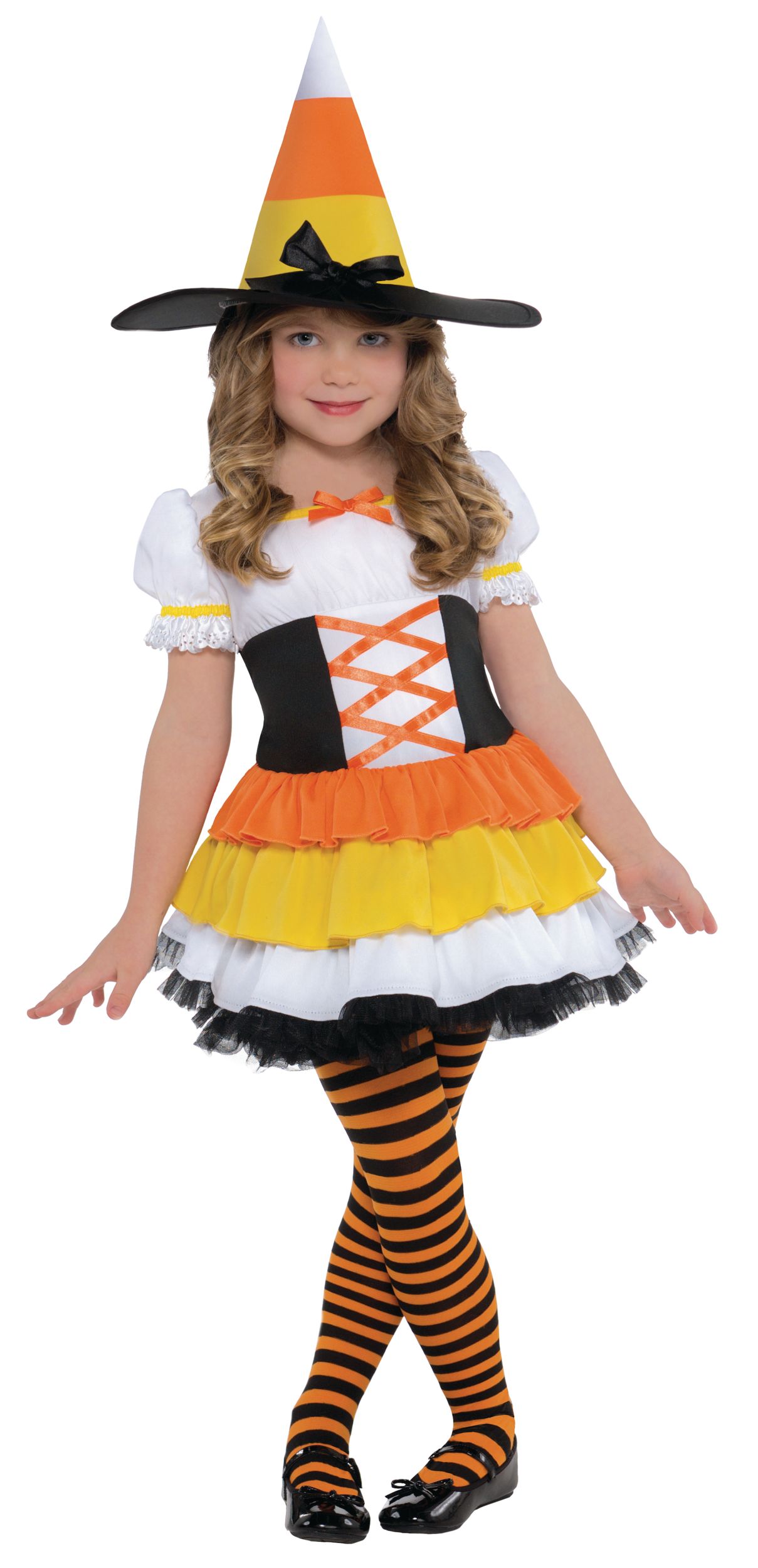 Kids' Candy Corn Witch White/Orange Dress with Hat & Tights Halloween Costume, Assorted Sizes Front_Angled_Right