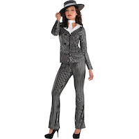 Women's Mafia Mob Gangsta Black/White Pinstriped Suit with Hat & Necktie Halloween Costume, Assorted Sizes Front_Flat