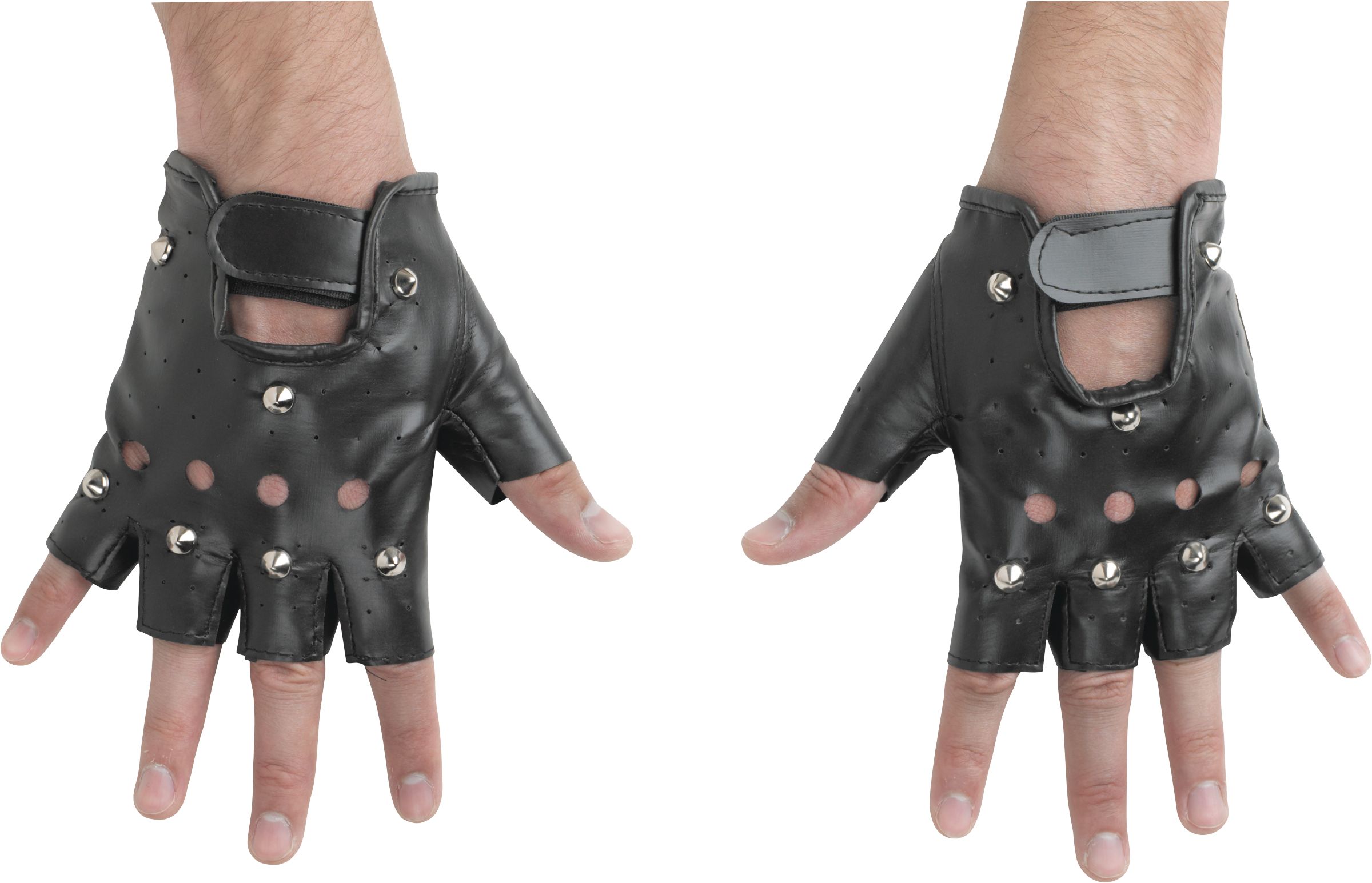 Adult Faux Leather Studded Fingerless Gloves, Black/Silver, One Size, Wearable Costume Accessory for Halloween Overhead_Flat
