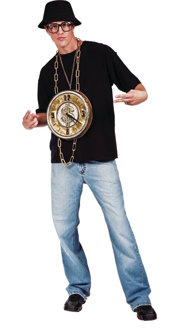 1980s Old School Rapper Kit with Necklace, Glasses & Hat, Black/Gold, One Size, 3-pk, Wearable Costume Accessories for Halloween Front_Angled_Left