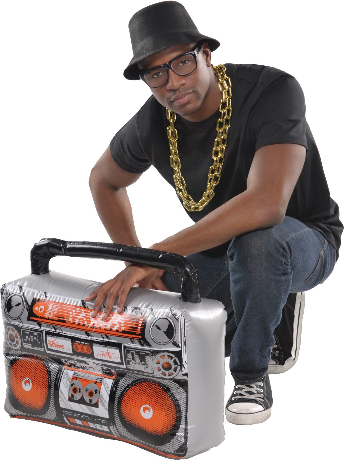 1980s Inflatable Boom Box, Black/Orange, One Size, Costume Prop for Halloween Front_Angled_Left