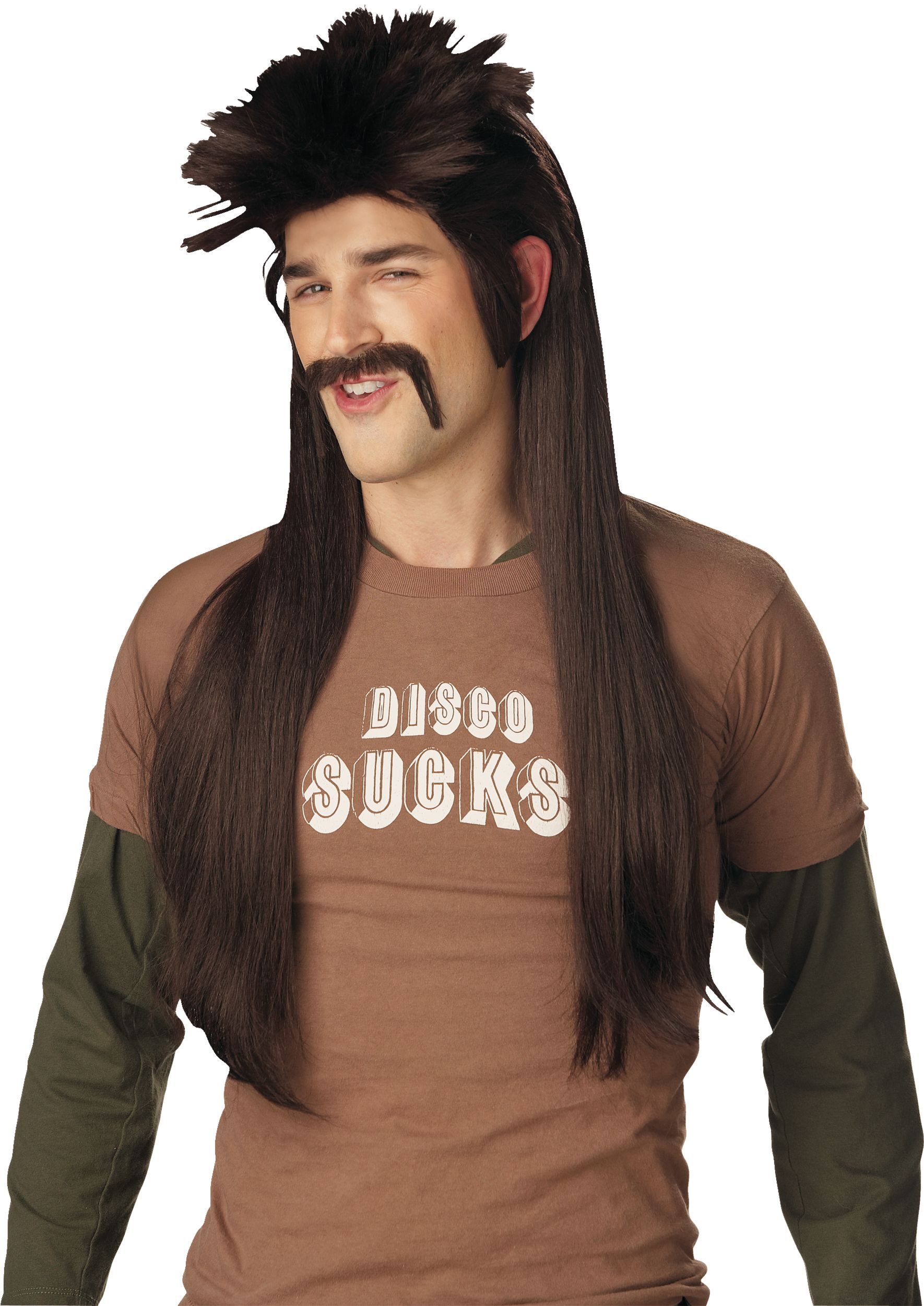 Long Mullet Hair Wig Moustache Brown One Size 2 pk Wearable