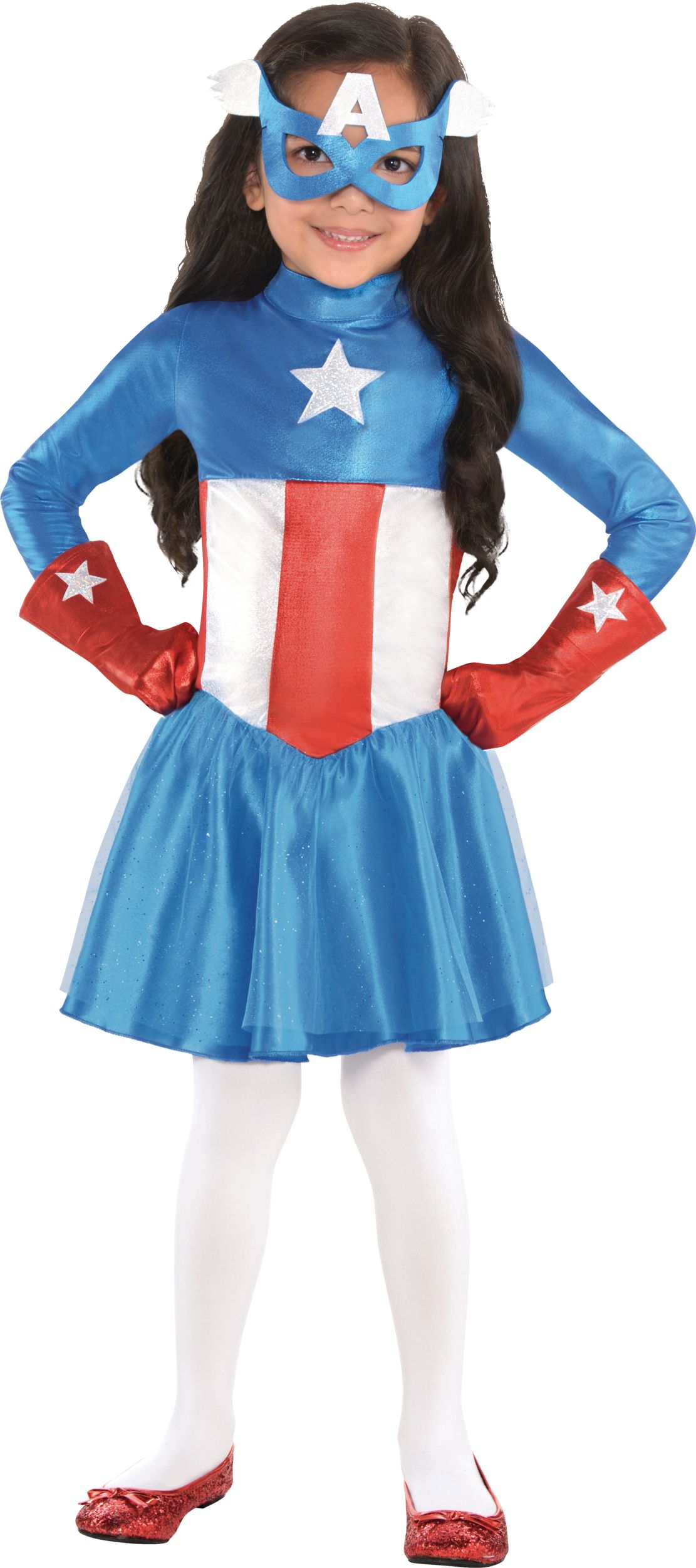 Kids' Disney Marvel Captain America Blue/Red Dress with Mask & Gloves Halloween Costume, Assorted Sizes Front_Flat