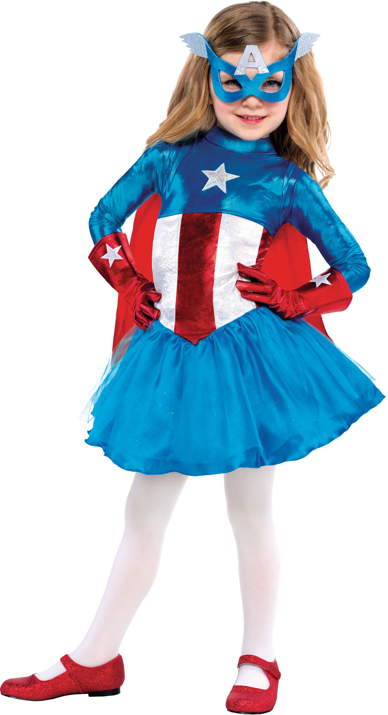 Kids' Disney Marvel Captain America Blue/Red Dress with Mask & Gloves Halloween Costume, Assorted Sizes Front_Three_Fourths_Angled_Left