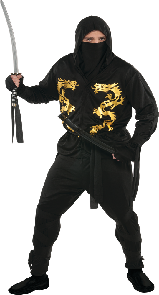 Costume de ninja, hommes, combinaison noire avec capuchon, grande taille Party City