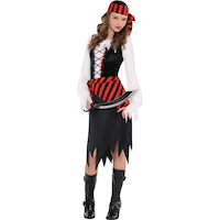 Kids' Pirate Black/Red Dress with Headscarf Halloween Costume, Assorted Sizes Front_Angled_Left