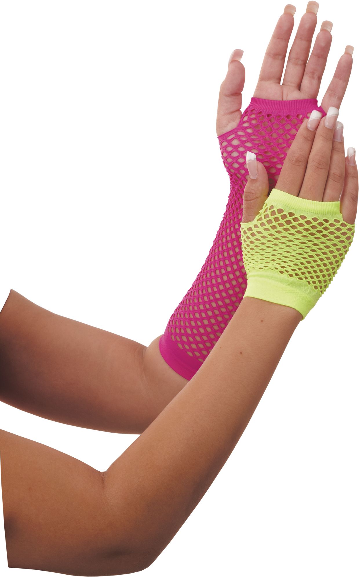 Adult 1980s Neon Fingerless Fishnet Gloves, Yellow/Pink, One Size
