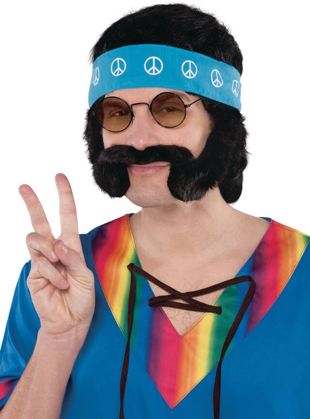 Hippie Kit with Hair Wig, Headband, Sideburns, Moustache & Glasses, Multi-Coloured, One Size, 6-pk, Wearable Costume Accessories for Halloween Front_Flat