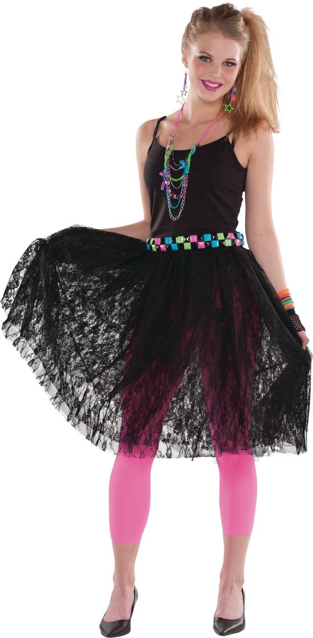 Adult 1980s Lace Tulle Pop Skirt, Black, One Size, Wearable Costume Accessory for Halloween Front_Angled_Left
