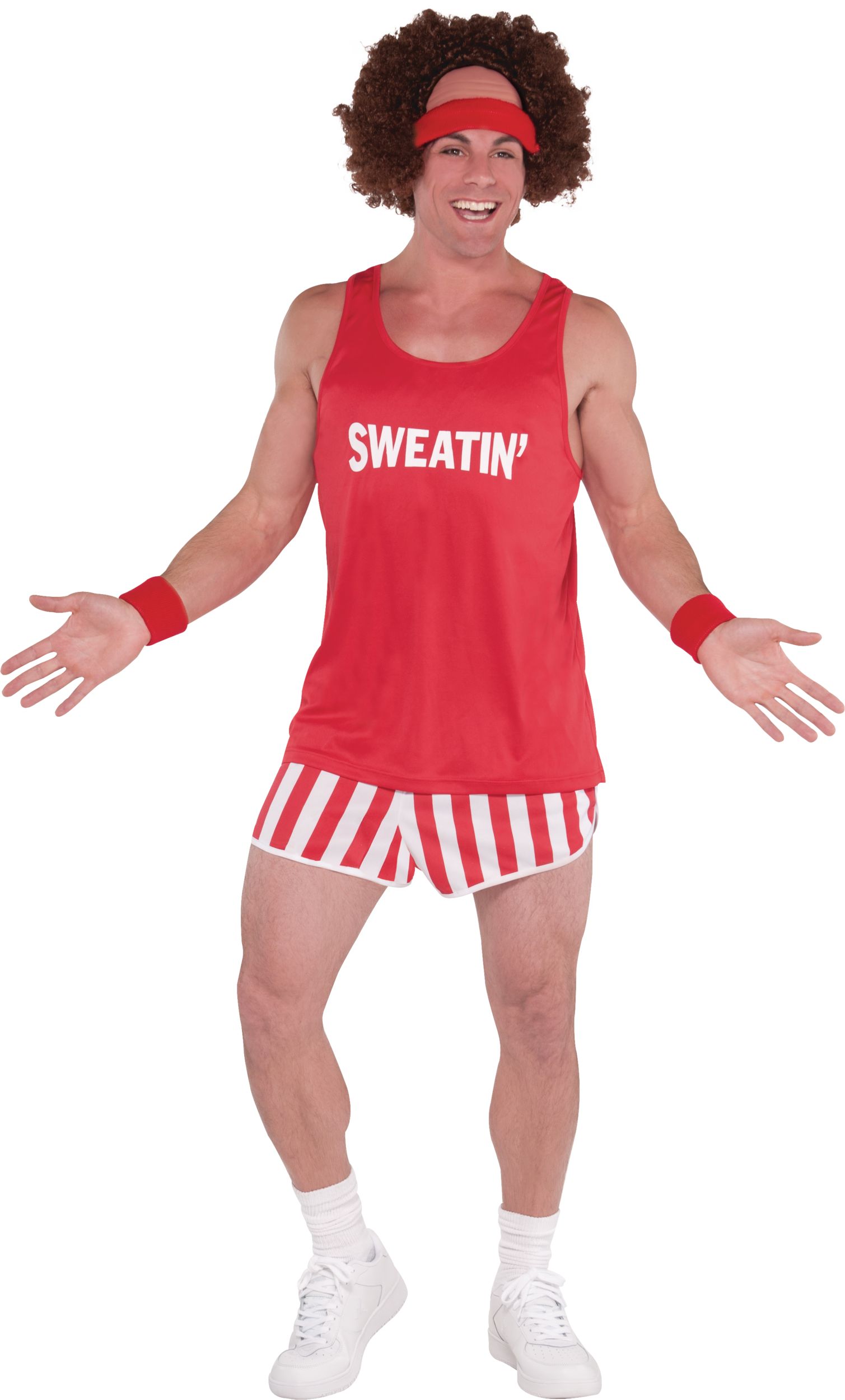 Men's Exercise Maniac Red Outfit with Shirt/Shorts/Sweatbands  Halloween Costume, One Size Front_Flat