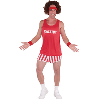 Men's Exercise Maniac Red Outfit with Shirt/Shorts/Sweatbands  Halloween Costume, One Size Front_Flat
