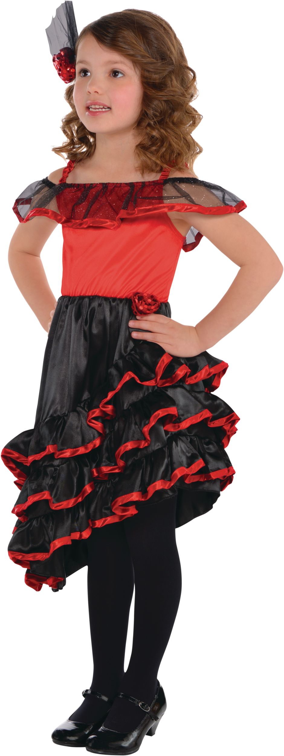 Kids Spanish Dancer Red Black Dress with Hair Clip Halloween Costume Assorted Sizes Party City