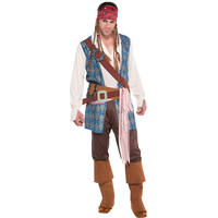 Costume Disney Pirates des Caraïbes Capitaine Jack Sparrow, hommes, tenue bleu/brun avec chemise/veste/ceintures, grande taille Front_Angled_Right