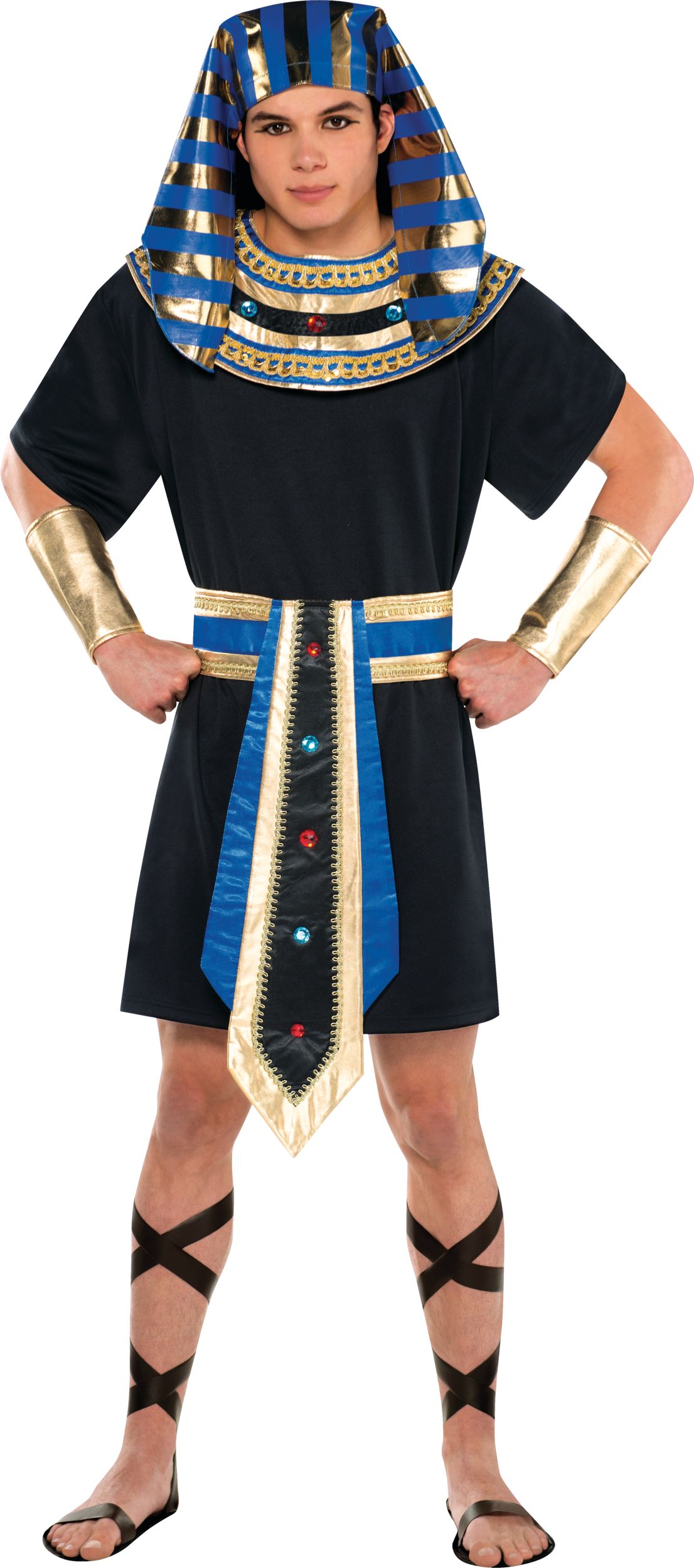Men's Egyptian Pharaoh Black/Blue Tunic with Headpiece & Wrist Cuffs Halloween Costume, Assorted Sizes Front_Flat