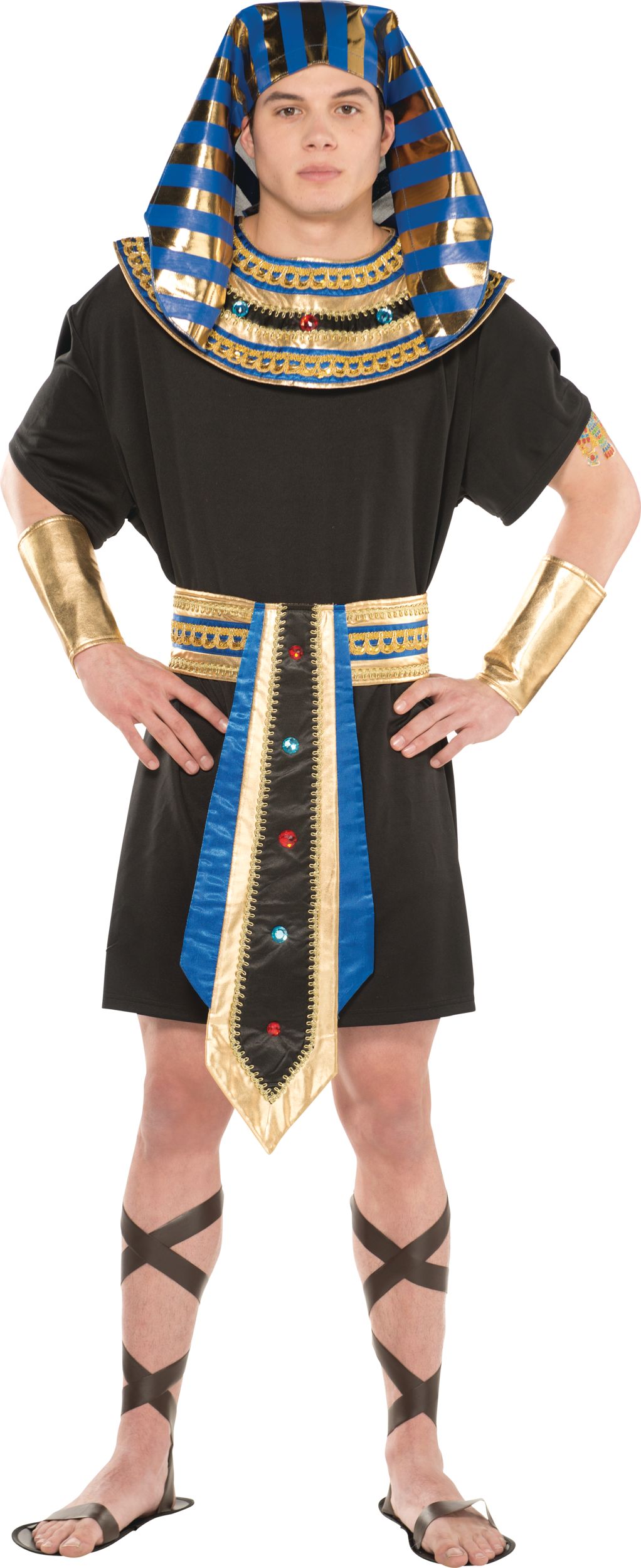 Men's Egyptian Pharaoh Black/Blue Tunic with Headpiece & Wrist Cuffs Halloween Costume, Assorted Sizes Front_Flat