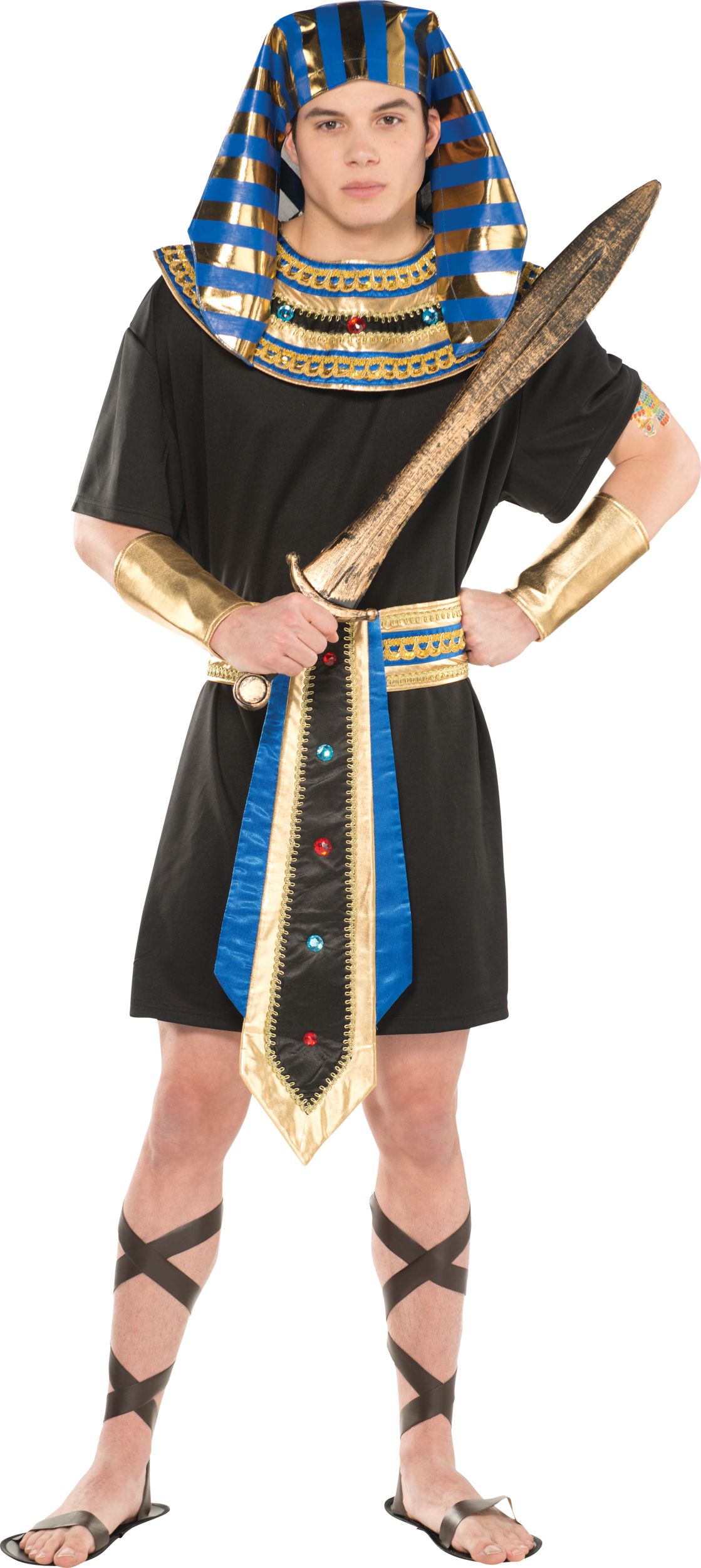 Men's Egyptian Pharaoh Black/Blue Tunic with Headpiece & Wrist Cuffs Halloween Costume, Assorted Sizes Front_Flat