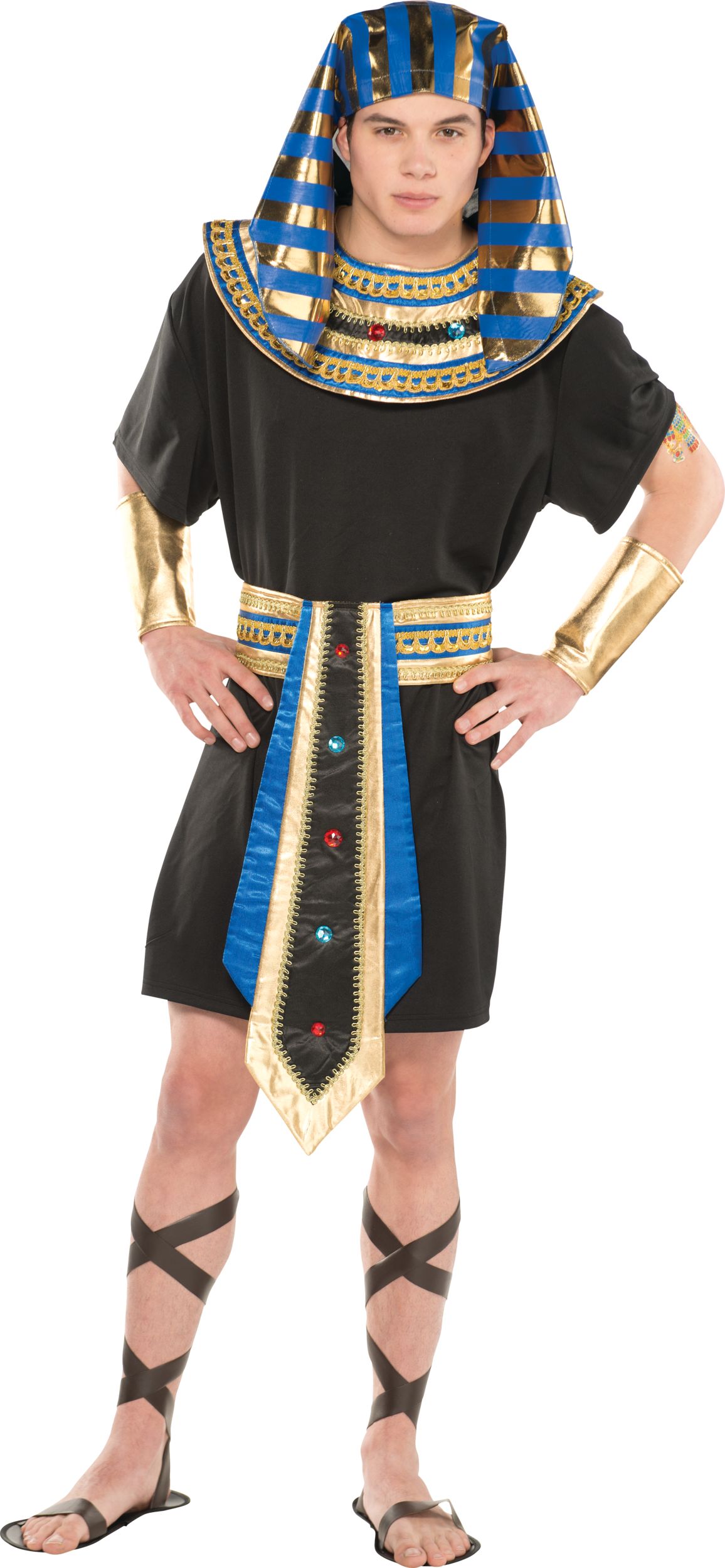 Men's Egyptian Pharaoh Black/Blue Tunic with Headpiece & Wrist Cuffs Halloween Costume, Assorted Sizes Front_Flat
