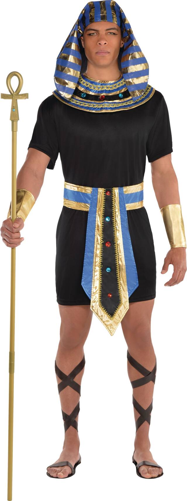 Costume de pharaon égyptien pour hommes, tunique noire/bleue avec serre-tête et poignets, choix de tailles Front_Flat
