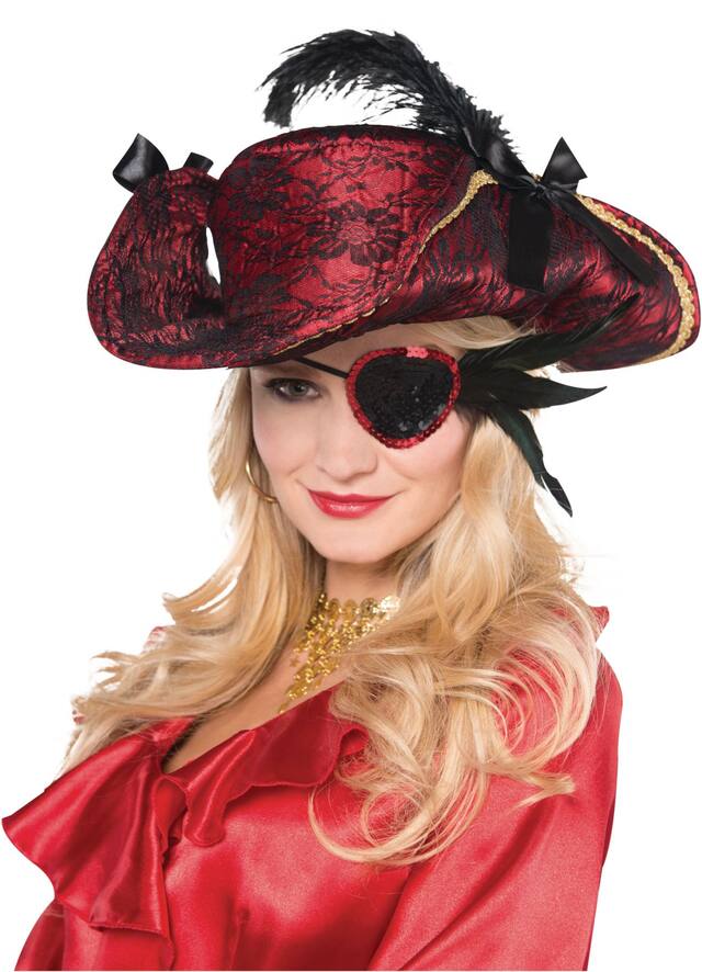 Cache-oeil de pirate en paillettes avec plumes, noir Front_Flat