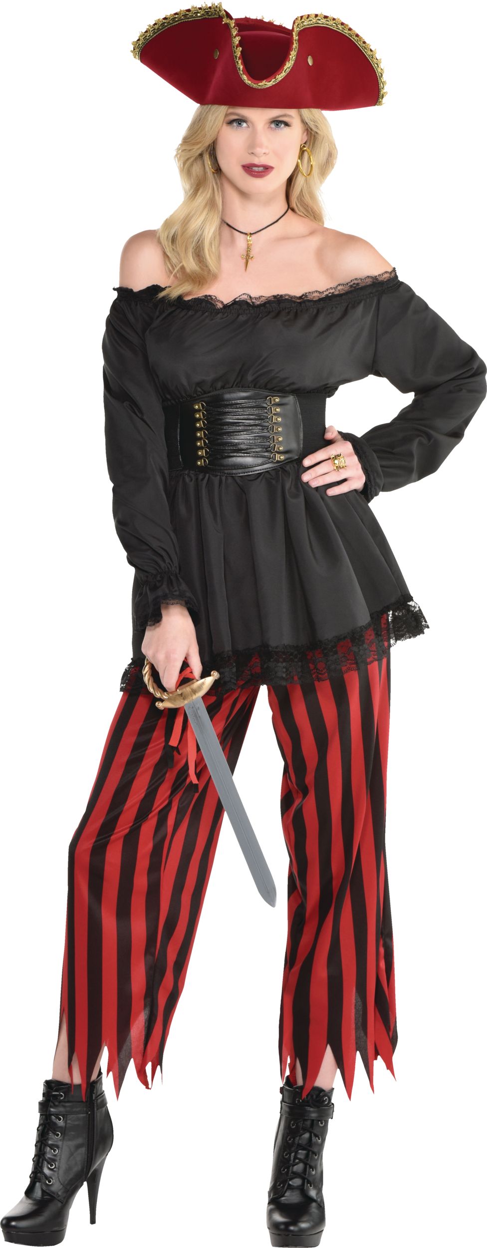 Pirate Pants, Red and Black Stripes, Adult, One Size Front_Flat