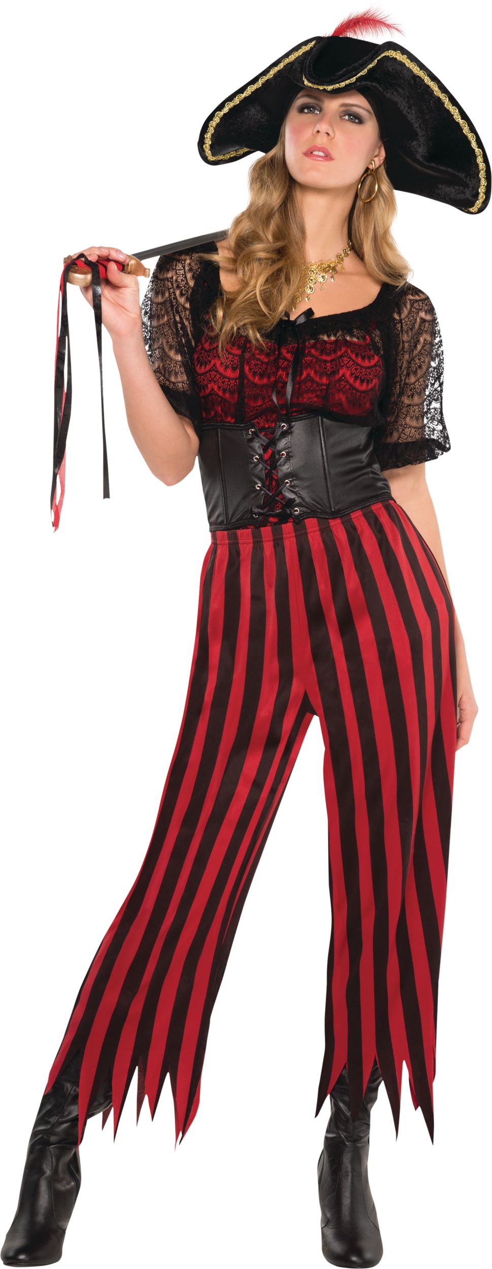 Pirate Pants, Red and Black Stripes, Adult, One Size Front_Flat