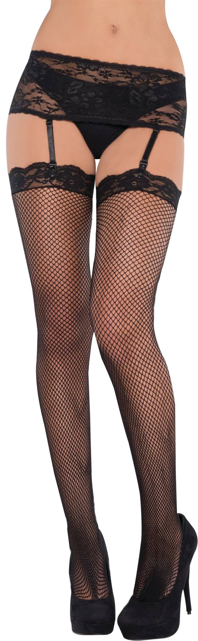 Adult Garter Belt Set with Fishnet Stocking Tights, Black, One Size, Wearable Costume Accessory for Halloween Front_Flat