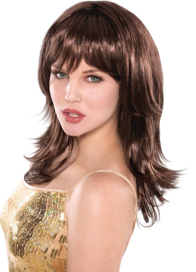 Perruque de séductrice brossée, longueur des épaules, brun, taille unique, accessoire de costume à porter pour l'Halloween Front_Angled_Left
